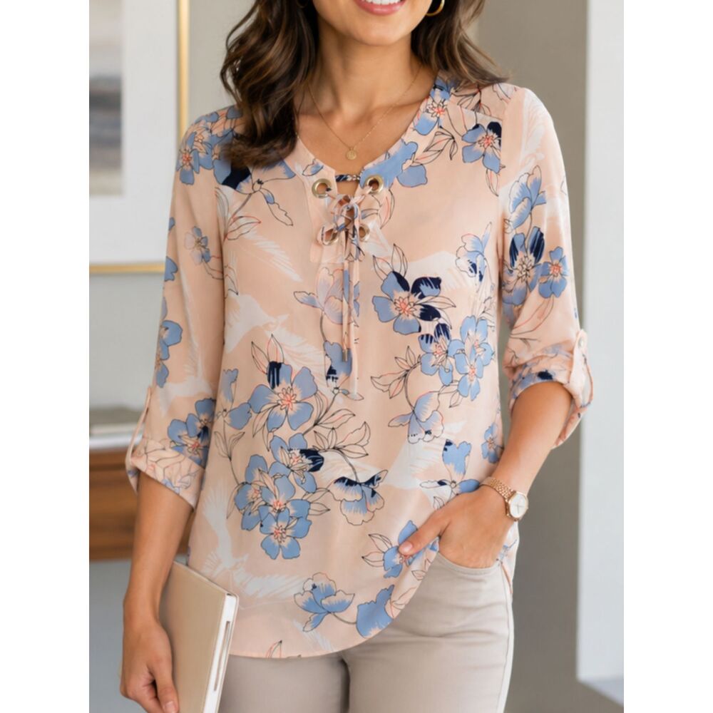 JM Collection Floral Blouse Small Peach Blue Lace Up 3/4 Sleeve Boho Tunic